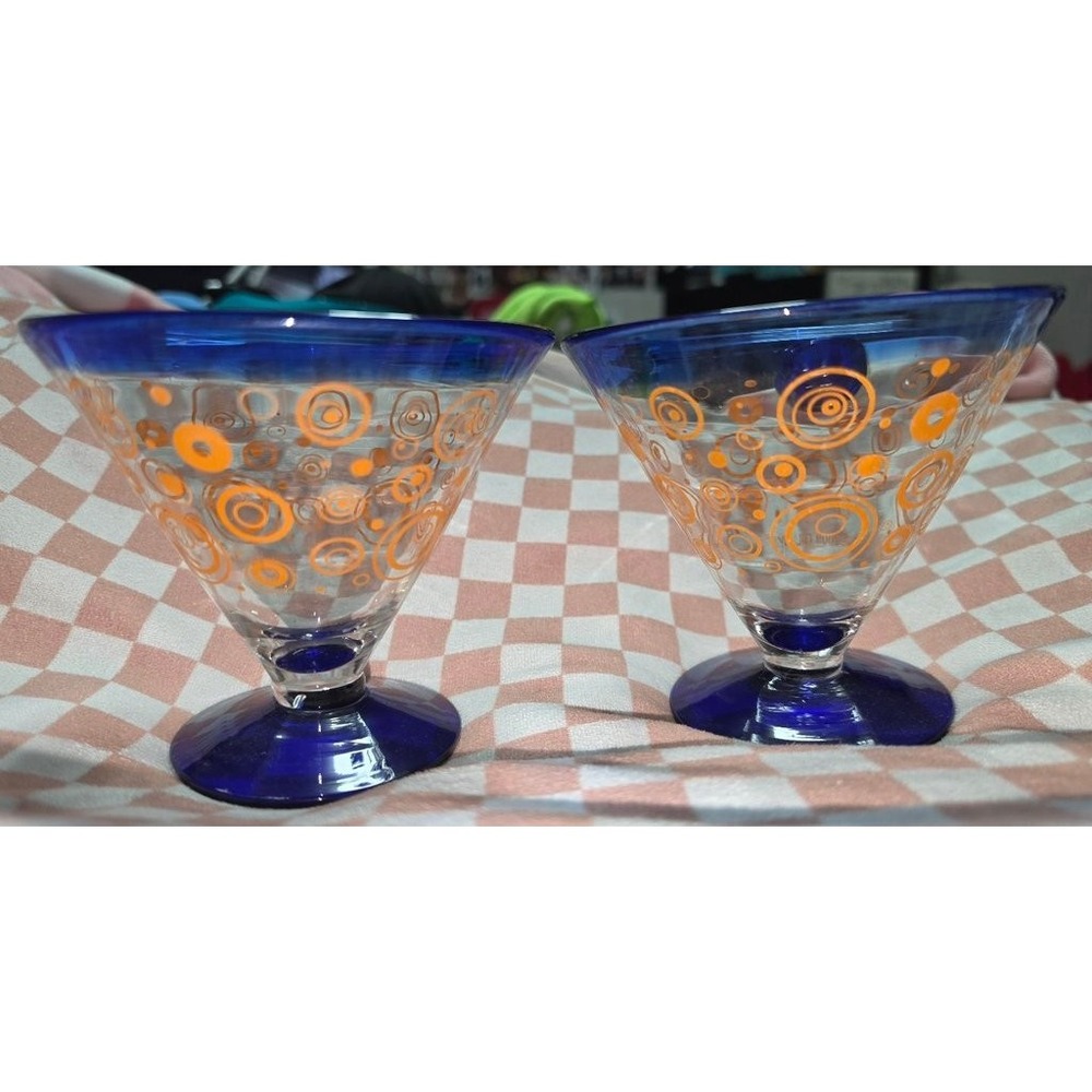 Vintage Blue and Orange Circle Pattern Conical Glassware Set Retro Drinkware